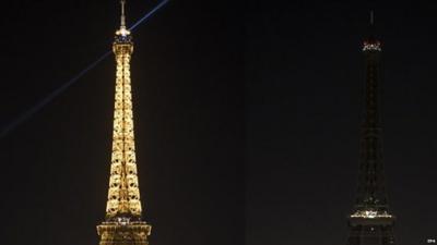 A composite photo shows a view on the Eiffel Tower with its lights turned on (left) and off