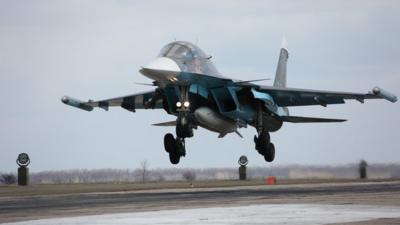 Russian Su-34 bomber lands after returning from Syria.