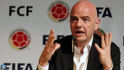 FIFA President Gianni Infantino gestures during a news conference at the Colombian Football Confederation headquarters n Bogota, Colombia, 31 March 2016.