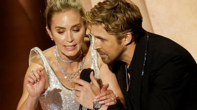 Emily Blunt and Ryan Gosling on stage during the 96th annual Academy Awards ceremony at the Dolby Theatre in the Hollywood neighbourhood of Los Angeles, California, USA, on 10 March 2024