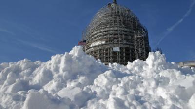 A pile of shoveled snow stands in the plaza on the east side of the U.S. Capitol January 21, 2016 in Washington, DC.