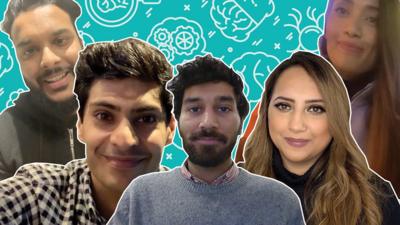 DJ Kye, Qasa Alom, Shah Alam, Nadia Ali and Poppy Begum in front of a mental health graphic