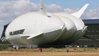 The Airlander 10, the longest aircraft in the world sits outside its hangar