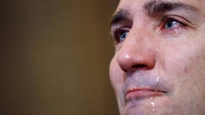 Justin Trudeau with tears running down his face