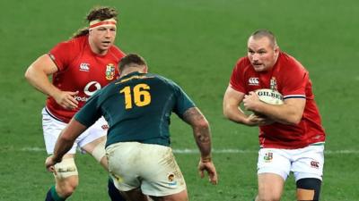 Ken Owens and Hamish Watson in action for the British & Irish Lions in the 1st Test against South Africa