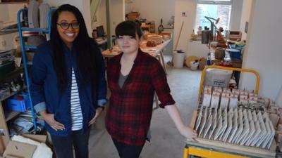 Sumuyya Khader (left) and Jade Crompton work in the Granby Workshop