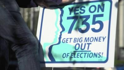 Sign by activist Matthew Strieb asking for "Big money" to be removed from elections