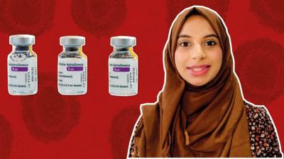 Dr Sayyada Mawji in front of a red background with three AstraZeneca vials in the foreground