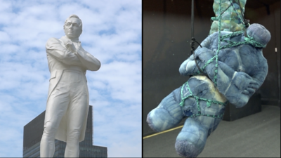 Composite of Raffles statue and artwork