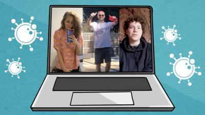 Computer with an image of three people on the screen