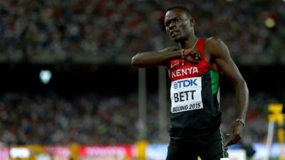 Kenya's Nicholas Bett celebrates claiming gold in the 400m Hurdles at the World Championships.