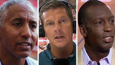 Renaldo Nehemiah (l) Steve Cram (centre) and Michael Johnson (r)