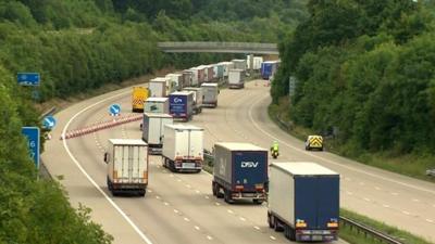 Traffic heading for the Channel Tunnel in the UK