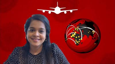 Sangeetha Rajan in front of a graphic of a plane and a globe