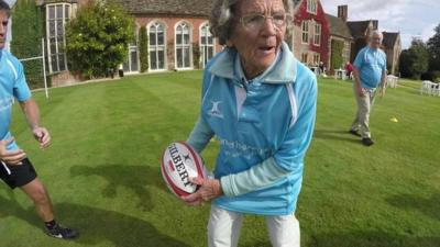 85-year-old Margaret throws a rugby ball