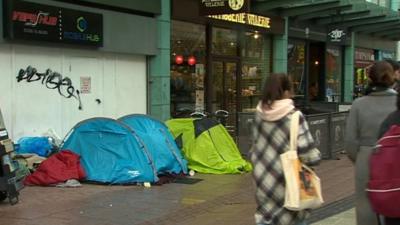 Tents on a busy street in Cardiff