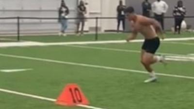 Louis Rees-Zammit runs during the NFL Pro Day