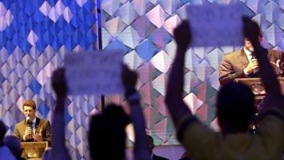 Environment Minister Ricardo Salles was booed amid shouts of the "Amazon burns" during the opening plenary of the Latin American and Caribbean Climate Week in Salvador, Brazil on 21 August 2019.