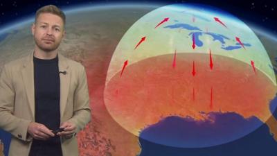 Weather presenter Tomasz Schafernaker and a map of the US featuring a heat dome