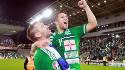 Northern Ireland's Gareth McAuley and Jamie Ward celebrate their win over Greece