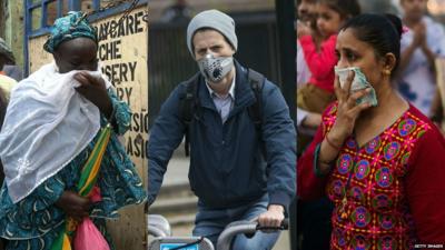 Three people covering their mouths and noses