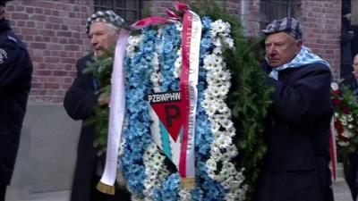 Auschwitz survivors lay wreaths at the complex on 75th anniversary of its liberation