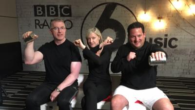 Martin Cullen, Mary Anne Hobbs and Chris Hawkins pretending to exercise