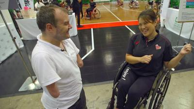 The BBC's Paul Carter (L) and Para-athlete powerlifter Eli Yamamoto-McDonald