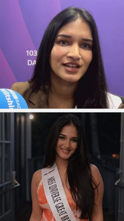Valankie Fernandes in a split screen image. The top image is of her in a radio studio and the bottom is of her at a Miss Universe competition. She has long dark hair and is smiling in both pictures.