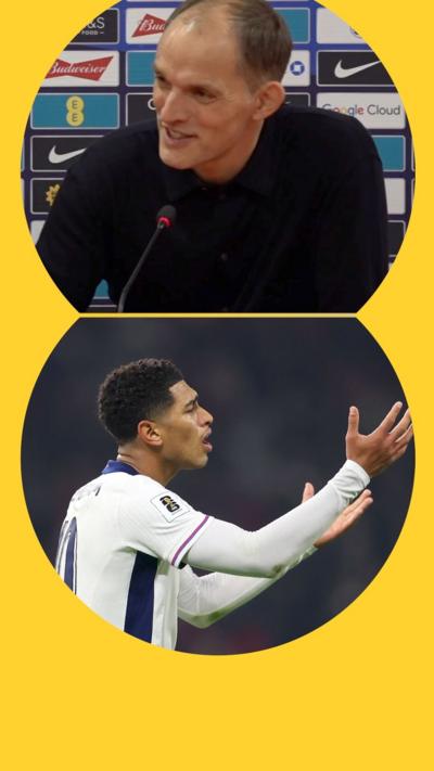 Splitscreen image of Thomas Tuchel and Jude Bellingham