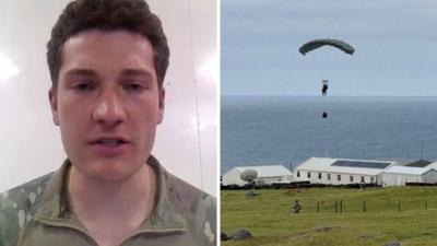 Captain George Lacey (left), and parachutist landing on the island (right)