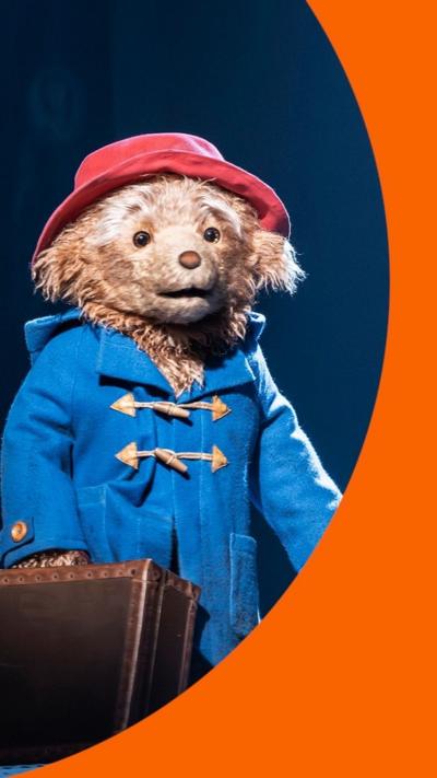 A brown bear with a blue rainjacket and red hat holds a suitcase.