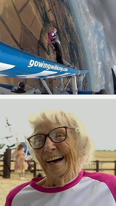 Top half is aerial view of a plane wing with a person on it wingwalking, the bottom half is a smiling lady.