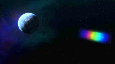 A planet in space alongside a rainbow coloured celestial body