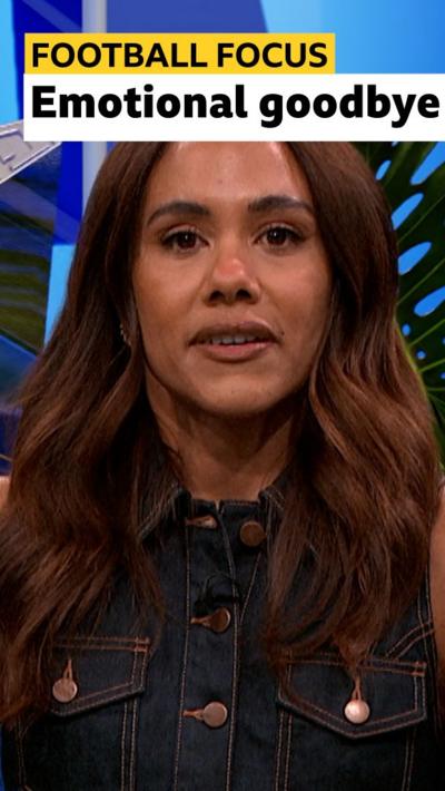 Alex Scott gets emotional as she receives a framed photo as a gift on her last episode of Football Focus