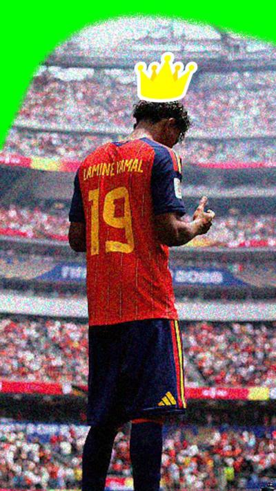 Lamine Yamal with a cartoon crown over his head at Spain v Belgium in the 2026 World Cup