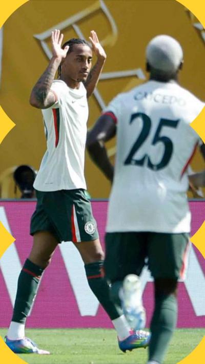 Joao Pedro of Chelsea raises his hands during the FIFA Club World Cup 2025 semi-final match between Fluminense FC and Chelsea FC