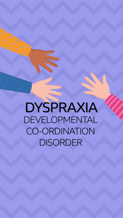 An image of several different arms and hands outspread, with the text 'Dyspraxia' and 'Developmental Coordination Disorder' written under the text in smaller black font.