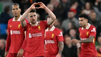 Diogo Jota celebrates his winning goal against Everton