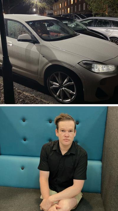 Split screen view. At the top is a white VW car, headlights on, parked in dark surroundings. Below is a man looking to camera, sitting on a colourful (blue and grey) office chair.