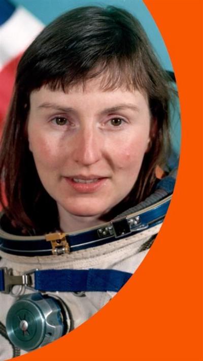Helen Sharman, wearing a space suit, in her official portrait for the Project Juno