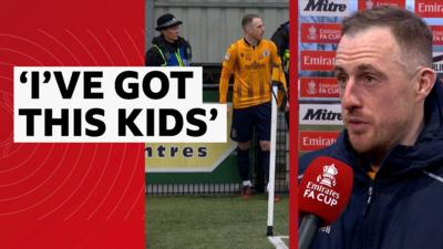 Scott Davies split screen of him in a post match interview and of him taking a corner during the football match