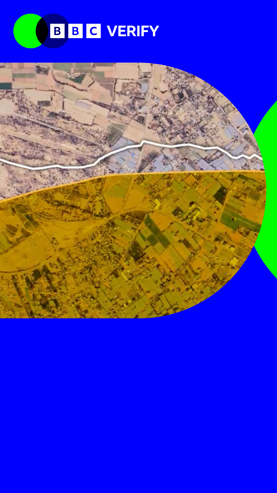 A satellite image of Gaza with the Israeli military's Yellow Line marked on it. The image is imposed over the BBC Verify colours and branding. 