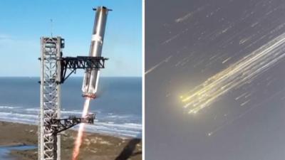 Split screen of rocket booster landing back at launch tower and rocket debris falling from sky