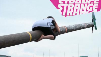 A person climbing a greasy pole and the Strange logo
