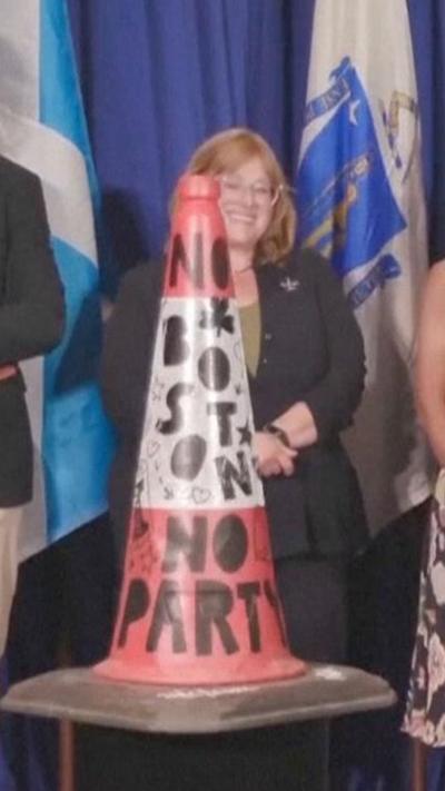 Traffic cone with "No Scotland No Party" written on it
