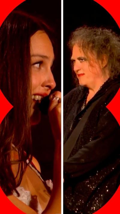 Split screen image of Olivia Rodrigo and Robert Smith
