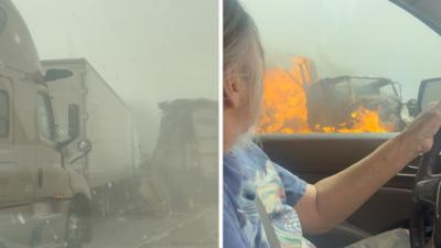 Split screen of vehicles piled up and on fire in New Mexico