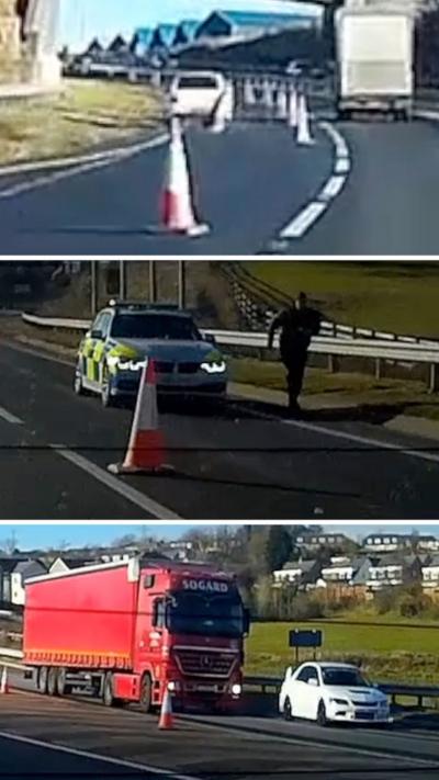 A tryptic image of a car cutting through cones, a police car parked next to comes with a man running and a white car parked in front of a red lorry