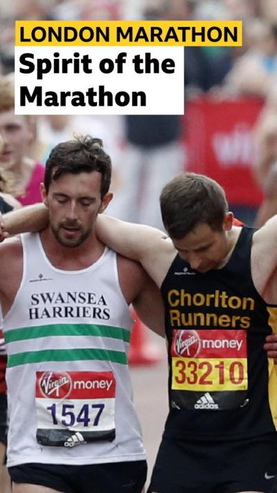 Matthew Rees helps David Wyeth over the London Marathon finish line